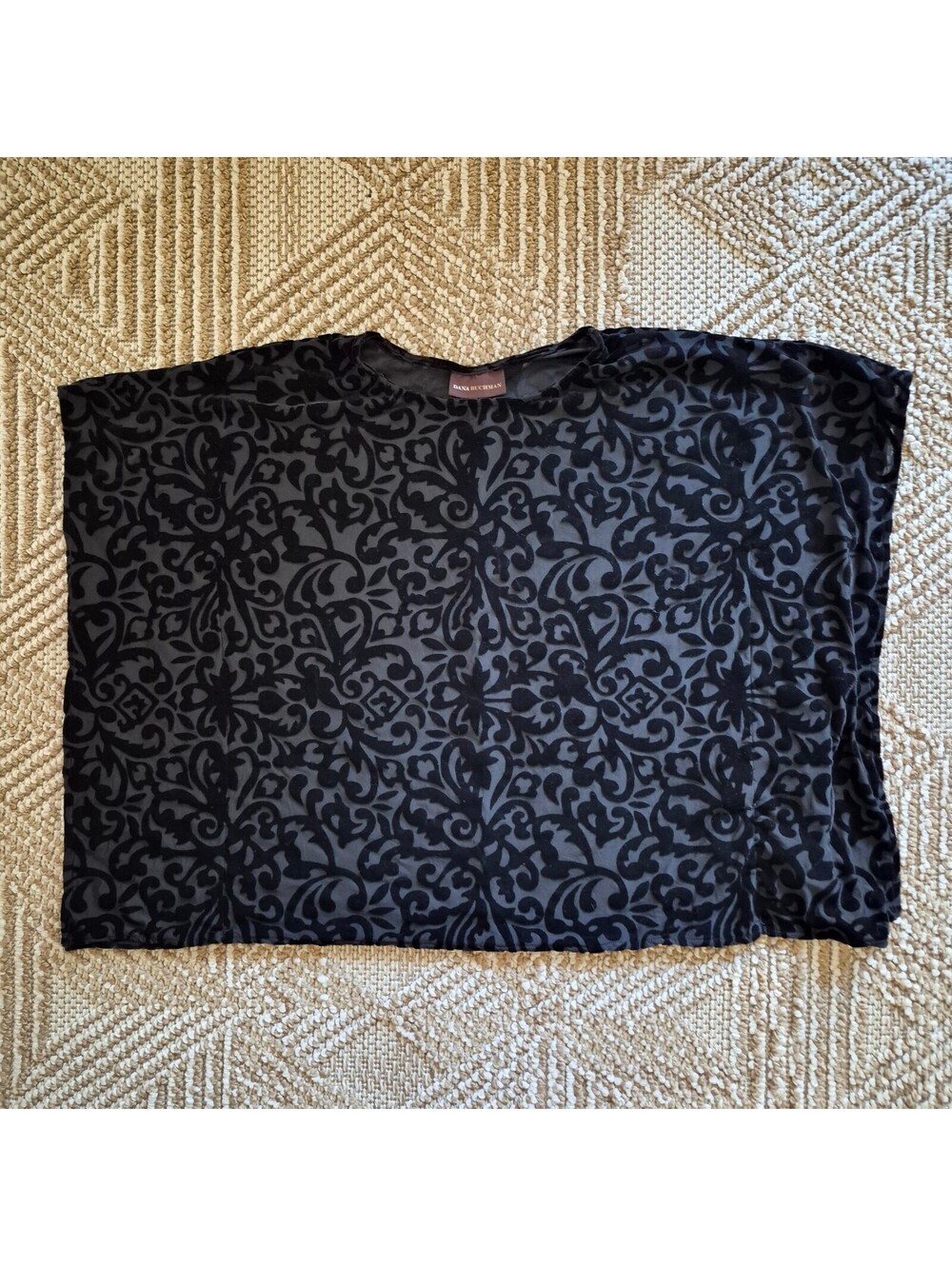 Vintage Y2K Black Flocked Damask Sheer Mesh Top Goth Romantic Baroque S